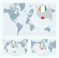 Magnified Ivory Coast over Map of the World, 3 versions of the World Map with flag and map of Ivory Coast. vector