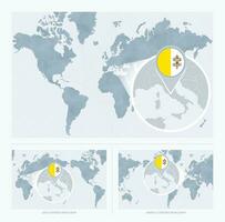 Magnified Vatican City over Map of the World, 3 versions of the World Map with flag and map of Vatican City. vector