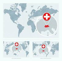 magnificado Suiza terminado mapa de el mundo, 3 versiones de el mundo mapa con bandera y mapa de Suiza. vector