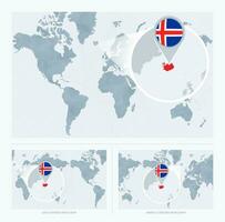 Magnified Iceland over Map of the World, 3 versions of the World Map with flag and map of Iceland. vector