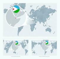 magnificado djibouti terminado mapa de el mundo, 3 versiones de el mundo mapa con bandera y mapa de Yibuti. vector