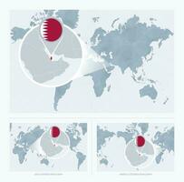 Magnified Qatar over Map of the World, 3 versions of the World Map with flag and map of Qatar. vector