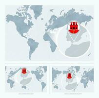 Magnified Gibraltar over Map of the World, 3 versions of the World Map with flag and map of Gibraltar. vector