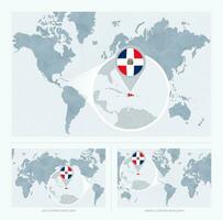 Magnified Dominican Republic over Map of the World, 3 versions of the World Map with flag and map of Dominican Republic. vector