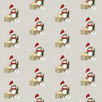 Vector seamless pattern with Christmas or Happy New Year little cute bear sitting on a gift box with noel tree.