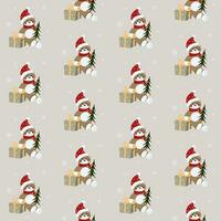 Vector seamless pattern with Christmas or Happy New Year little cute bear sitting on a gift box with noel tree.