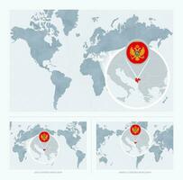 Magnified Montenegro over Map of the World, 3 versions of the World Map with flag and map of Montenegro. vector