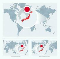Magnified Japan over Map of the World, 3 versions of the World Map with flag and map of Japan. vector