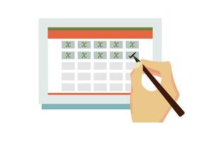 Hand with pen mark calendar, The calendar icon represents a visual depiction of marking a specific date, serving as a symbol for scheduling and agenda management on your website or application. vector