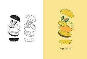 The burger icon is a vector illustration logo template that represents the concept of a burger or fast food. It is a versatile and customizable design that can be used for various purposes.