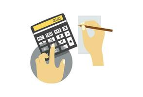 Utilizing a calculator depicted in a flat color vector illustration. Depicting the action of pressing buttons to input numbers for mathematical calculations, such as accounting tasks.