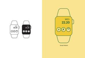 A set of linear icon illustrations depicting smart watches, wearable electronic devices, presented in a simple outlined style. Suitable for various design projects and applications vector