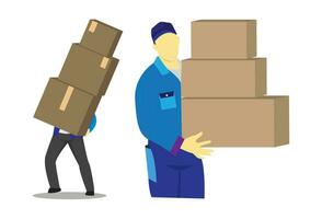 man carrying boxes in his hands, an isolated illustration featuring a flat cartoon. The scenario captures the concept of a person engaged in activities such as moving to a new office space, vector