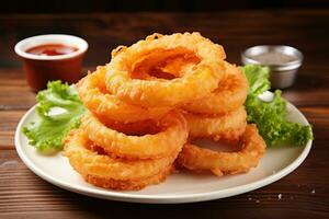 A platter of crispy onion rings. Generative AI photo
