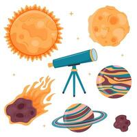 un conjunto de ilustraciones con el sol, luna, planetas, meteorito y telescopio en dibujos animados estilo. vector