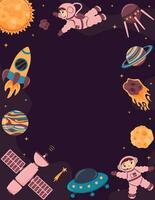 Vector background with astronauts, planets, spacecraft, rocket, satellite, meteorite, space station in cartoon style.
