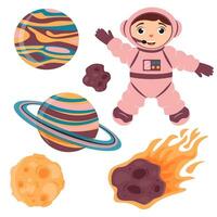 A set of illustrations with a cute astronaut, moon, meteorite and planets in cartoon style. vector