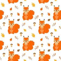 Seamless pattern with cute squirrels, mushrooms, leaves and twigs with berries in cartoon style. vector
