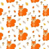 Seamless pattern with cute squirrels, mushrooms, leaves and twigs with berries in cartoon style. vector