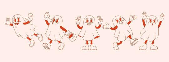 Funny ghosts in different poses. Groovy funky vector illustration in retro style.