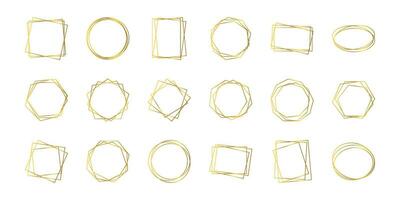 Set of eighteen gold geometric polygonal frames with shining effects isolated on white background. Empty glowing art deco backdrop. Vector illustration.