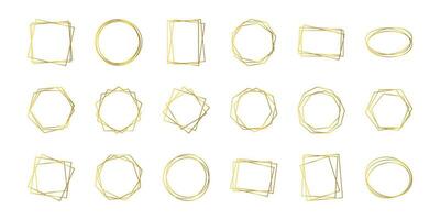 Set of eighteen gold geometric polygonal frames with shining effects isolated on white background. Empty glowing art deco backdrop. Vector illustration.