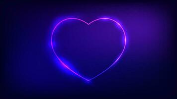 Neon frame in heart form with shining effects on dark background. Empty glowing techno backdrop. Vector illustration.