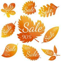 Set of autumn yellow-red leaves with inscription Sale. Discounts from 10 to 90 percent. Vector illustration.