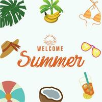 Welcome summer fruits vector background design. Welcome summer enjoy every moment text with fresh tropical slice fruit like water melon, orange and calamansi in green background. Vector illustration.