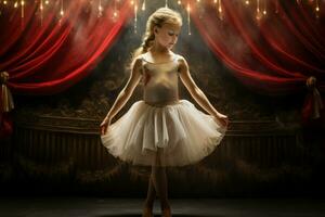 Ballerina small girl theater stage. Generate Ai photo