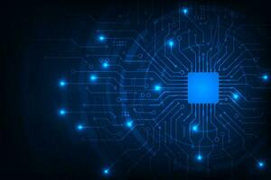 Vector futuristic microchip CPU circuit board blue light. Tech circle technology abstract background.