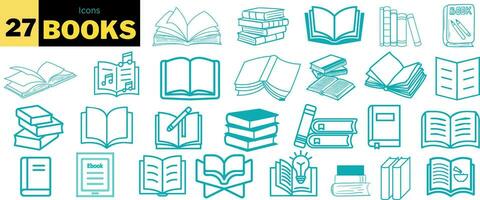 vector illustration features a set of 27 book icons, perfect for use in a variety of projects, such as websites, presentations, and marketing materials. The icons are simple and easy to understand,