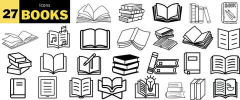 vector ilustración caracteristicas un conjunto de 27 libro iconos, Perfecto para utilizar en un variedad de proyectos, tal como sitios web, presentaciones, y márketing materiales el íconos son sencillo y fácil a entender,