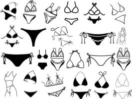 Celebrate National Bikini Day with this icon set of swimsuits in various styles and patterns, ideal for summer and beach projects, on white background. vector