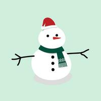 Christmas illustration flat vector in cartoon style. Snowman with red hat and green scarf. Merry Christmas. For Christmas cards, banners, tag, labels, background.