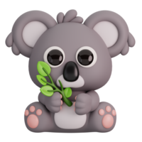 Cute Koala Holding Branch Isolated. Animals and Food Icon Cartoon Style Concept. 3D Render Illustration png