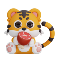 Cute Tiger Holding Meat Isolated. Animals and Food Icon Cartoon Style Concept. 3D Render Illustration png