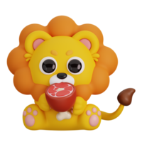 mignonne Lion en portant Viande isolé. animaux et nourriture icône dessin animé style concept. 3d rendre illustration png