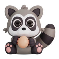 Cute Raccoon Holding Egg Isolated. Animals and Food Icon Cartoon Style Concept. 3D Render Illustration png