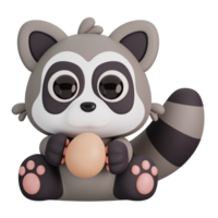 schattig wasbeer Holding ei geïsoleerd. dieren en voedsel icoon tekenfilm stijl concept. 3d geven illustratie png