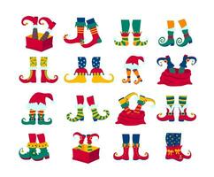 Cartoon Color Elf Legs in Shoes with Crooked Toes Icon Set. Vector