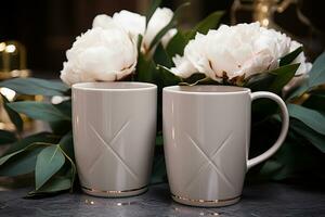 Wedding mockup, peony, green leaves, white mugs, boho-style cups AI Generated photo