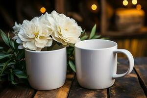 Two white mugs, cups wedding mockup Peony, green leaves, wooden background Summer gifts, boho style AI Generated photo