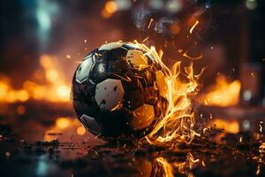 un fútbol pelota en fuego con llamas ai generado foto