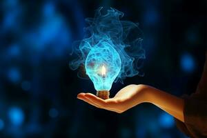 iluminado idea en mano, azul fumar velos innovaciones místico solución ai generado foto