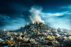 Environmental concern depicted by a massive landfill waste pile symbolizing pollution AI Generated photo