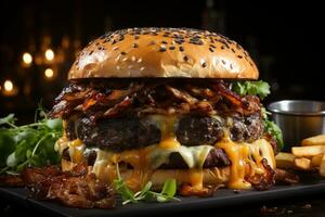 gastrónomo indulgencia artesanal carne de vaca hamburguesa, queso, y infusión de trufa papas fritas ai generado foto