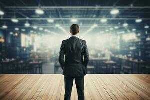 Rear view of businessman with folder, focused on business aspirations AI Generated photo