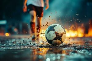 fútbol pelota en el suelo con agua salpicaduras ai generado foto