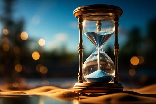 Sand flows within hourglass on blue background, creating text friendly focal point AI Generated photo